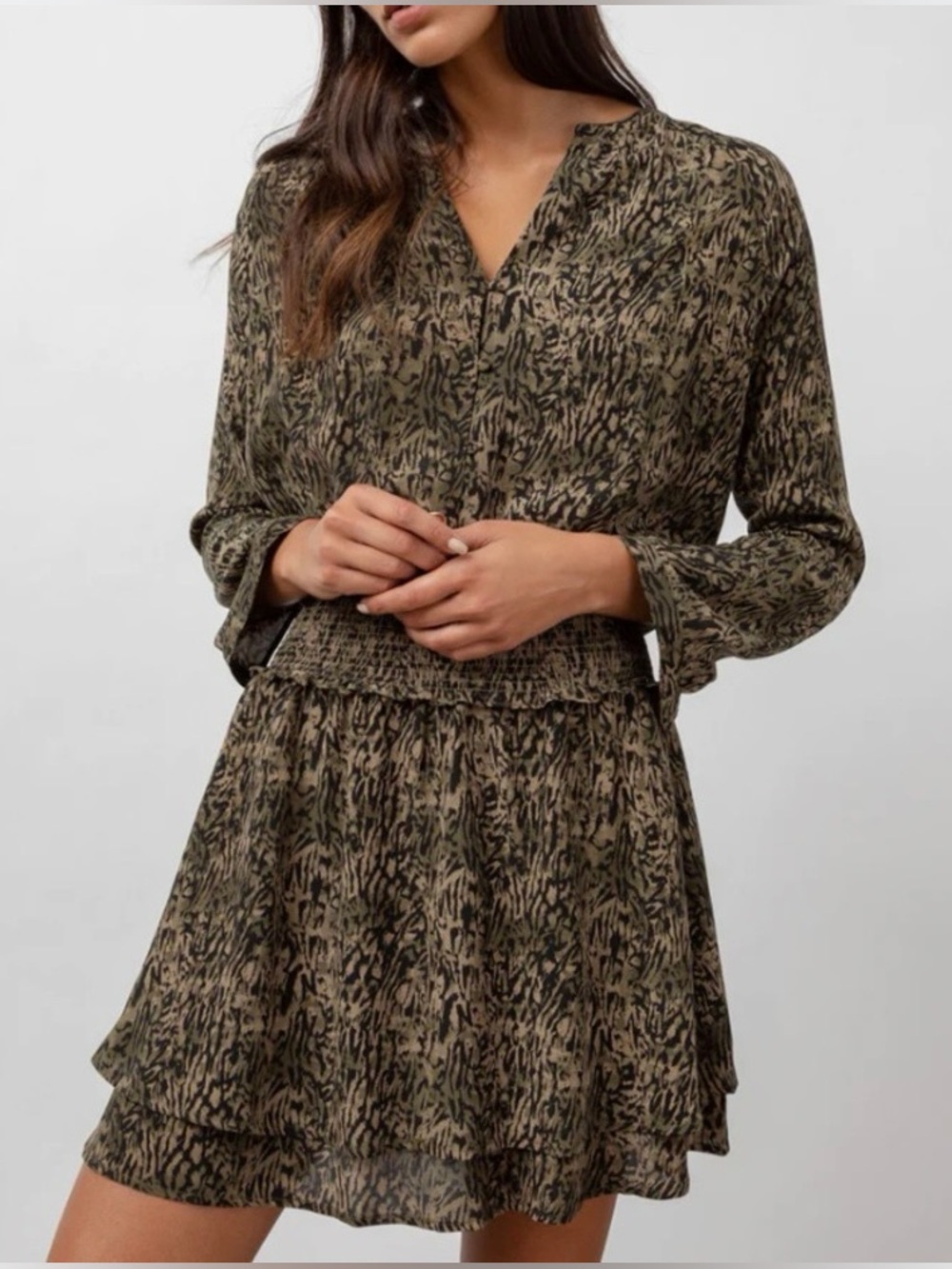 Rails Jasmine Mini Dress Olive Static Green Brown Print Smocked Long Sleeves